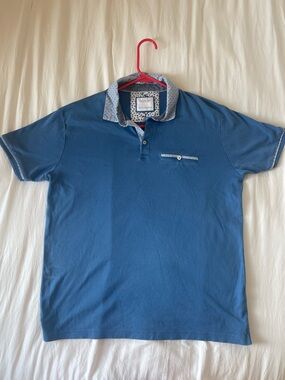 Cactus Man Blue Short-Sleeve Polo with Patterned Contrast Collar